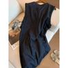 Women Denim Sleeveless Jumpsuit Ruffle Trim Button Front Romper