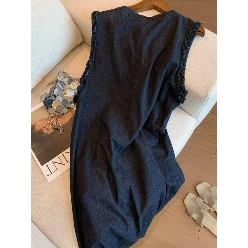 Women Denim Sleeveless Jumpsuit Ruffle Trim Button Front Romper
