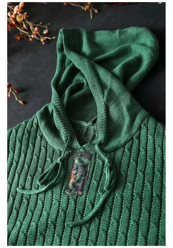 Bojiafan Ethnic Style Appliquéd Cotton Drawstring Hoodie - Women's Loose Plus Size Retro Knit Sweater