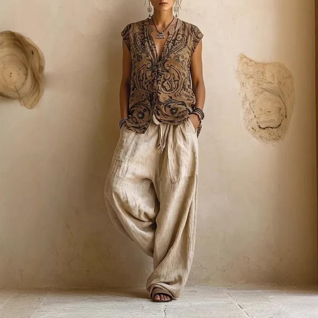Women's 3 Piece Outfit Long Sleeve Open Front Long Shirt Printed Cami Wide Leg Pant Loose Fit European Style Polyester All Season Casual Tracksuit Set