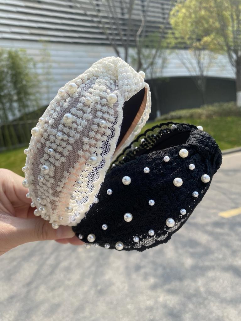 New Beaded Lace Headband Wide-Brimmed Knotted Headband Women's Fashion Face Wash Sweet Retro Headwear