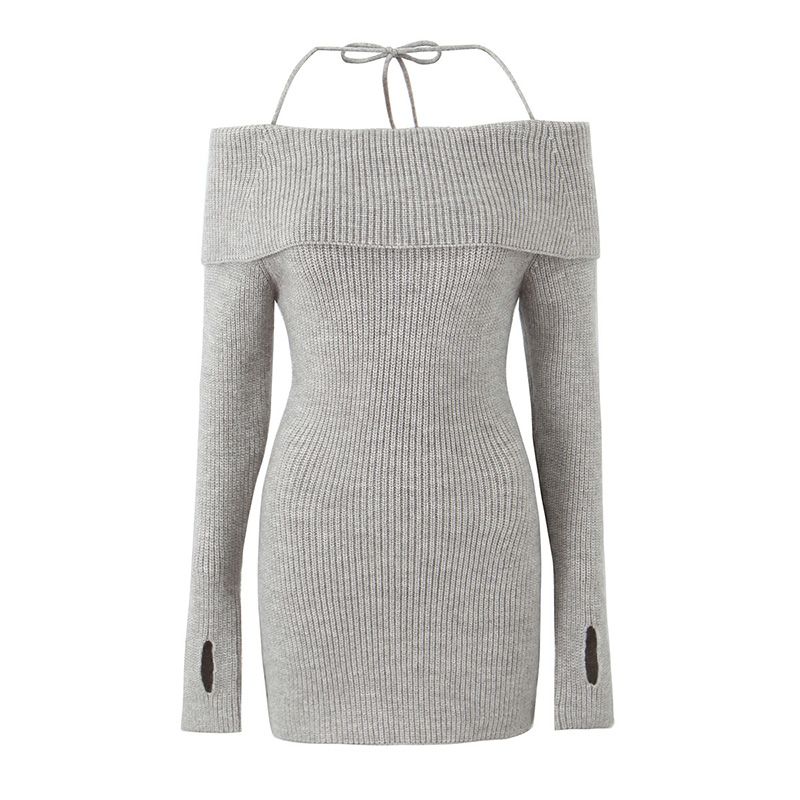 

Leg Essence Online French Pure Desire Atmosphere off-Shoulder Shoulder-Baring Silm Slimming Knitted Halterneck Hip Bag Dress Grey Finger Set S