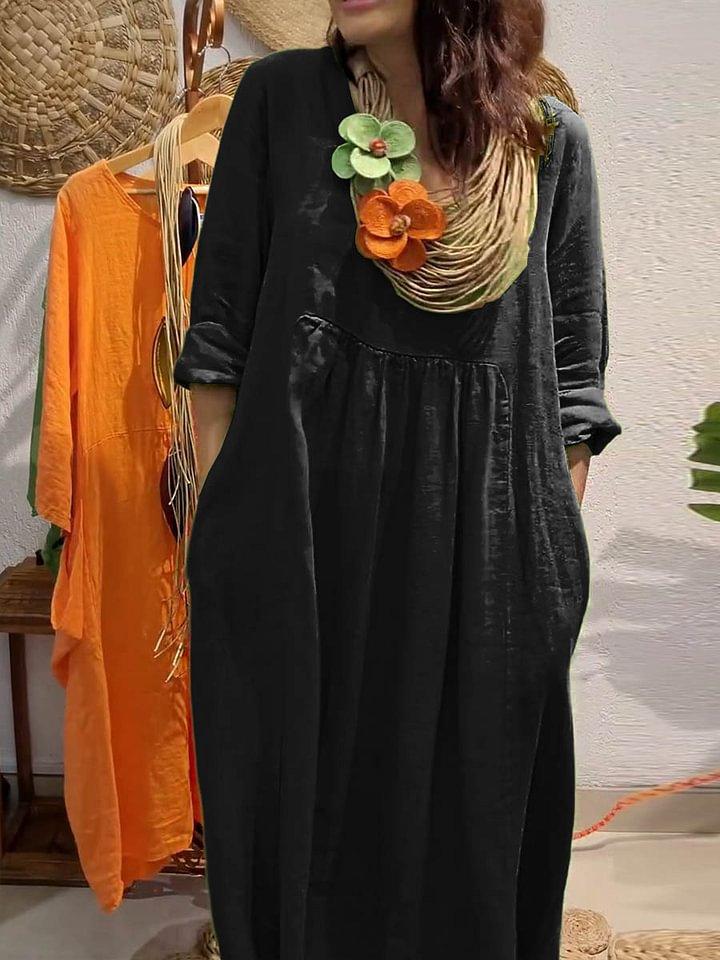 2026 New Independent Station Women's V-Neck Casual Solid Color Cotton and Linen Dress