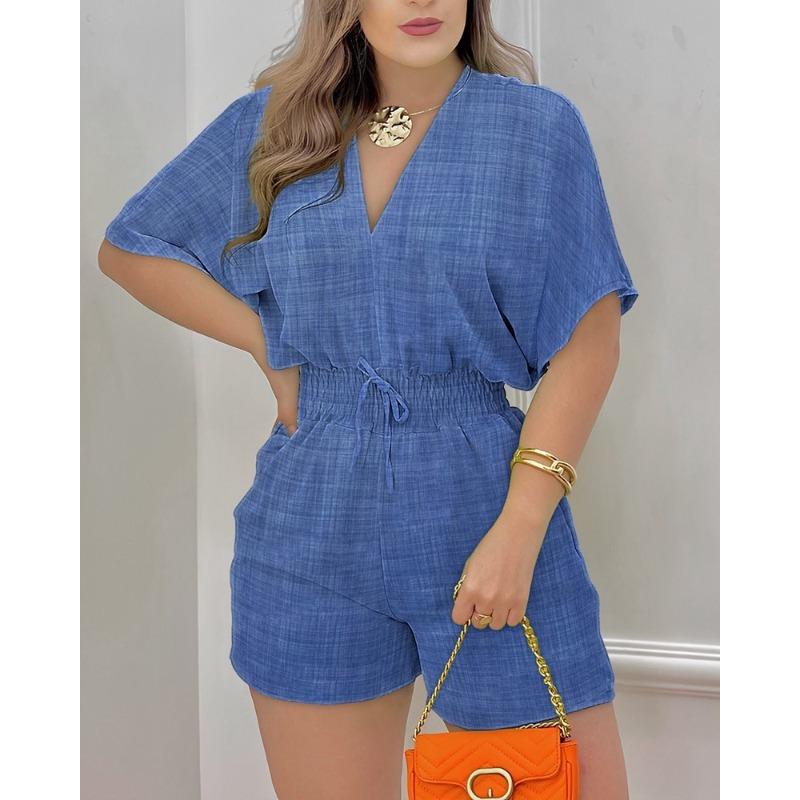 Women's Fashionable Casual Summer/ Spring Color-blocked Print Short-sleeved V-neck High-waist Long Pants One-piece Suit
