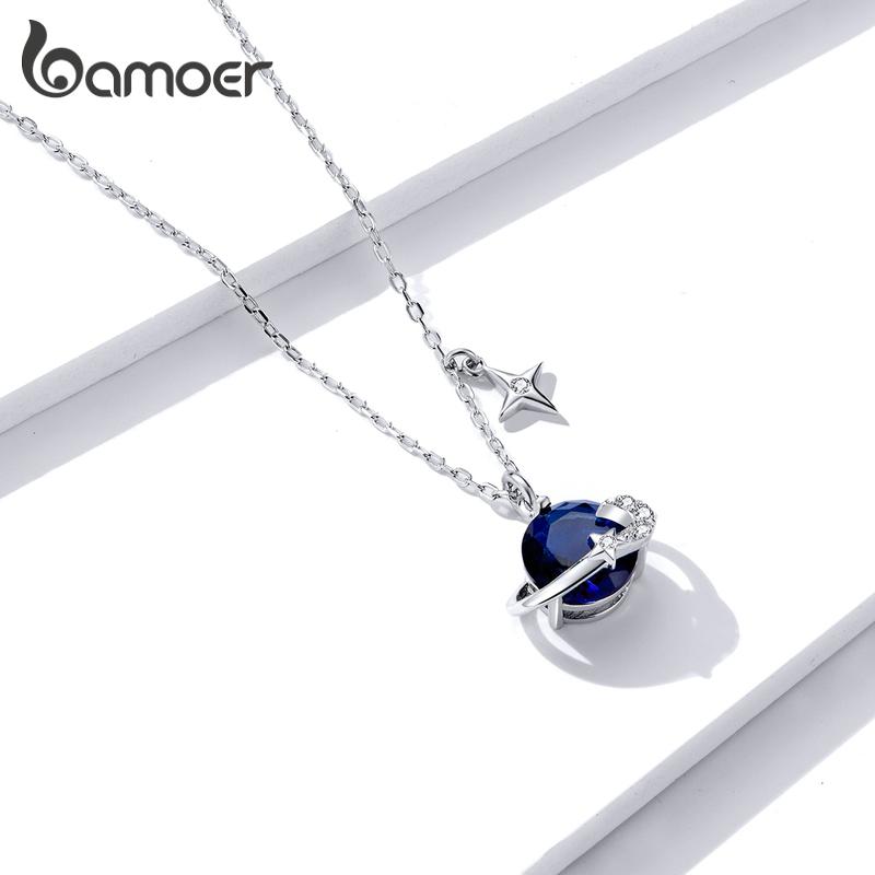 bamoer 925 Silver Blue Planet Pendant Necklace for Women Stars Design Engagement Statement Jewelry Colllar BSN166