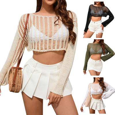 New European And American Bell Sleeves Loose Round Neck Hollow Women's Sweater