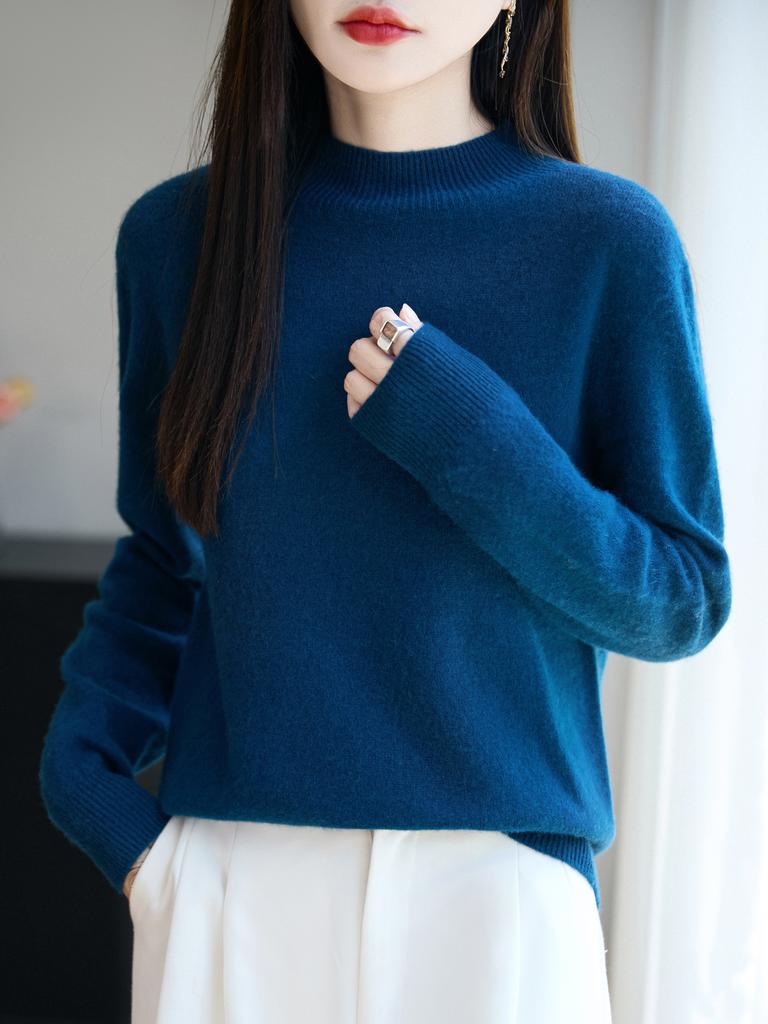 Half Turtleneck Knitted Sweater for Women In Autumn and Winter Loose Pullover Solid-color Casual Knitwear Sweater