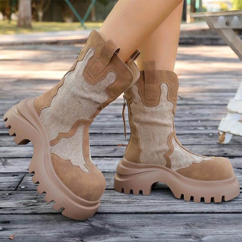 Fashion Retro Zipper Up Black Khaki Women's Boots Autumn Winter High Heel Platform Ankle Boots Woman Anti Slip Wedges Botas Mujer