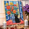 DIY Stretched Canvas Pearl Art Kit Black Cat and Flower Vase Design 5D Sparkling Bead Painting Relaxing Hobby Gift for Home Decoration
