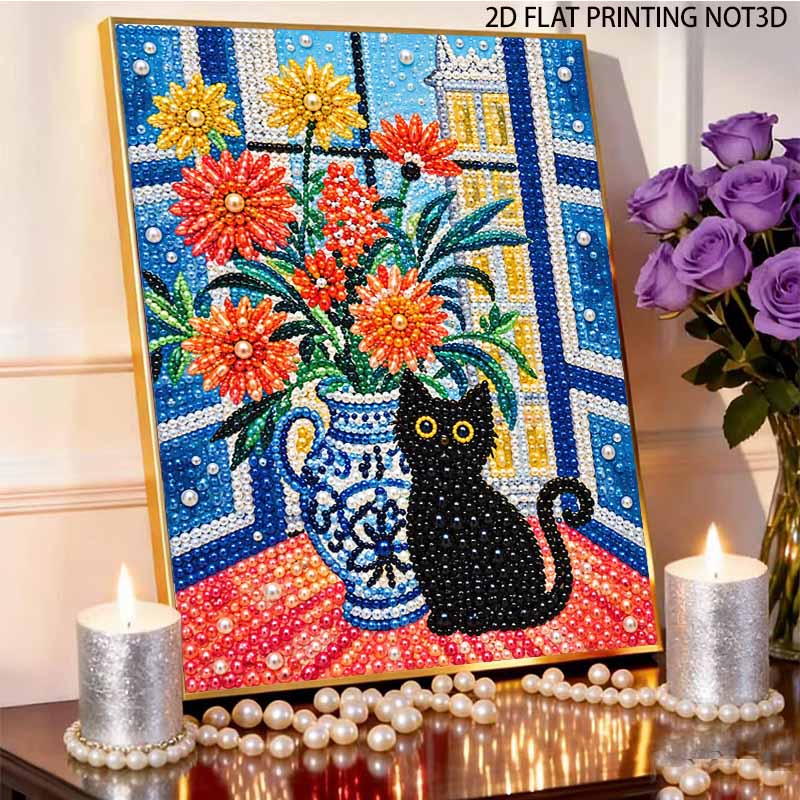 DIY Stretched Canvas Pearl Art Kit Black Cat and Flower Vase Design 5D Sparkling Bead Painting Relaxing Hobby Gift for Home Decoration