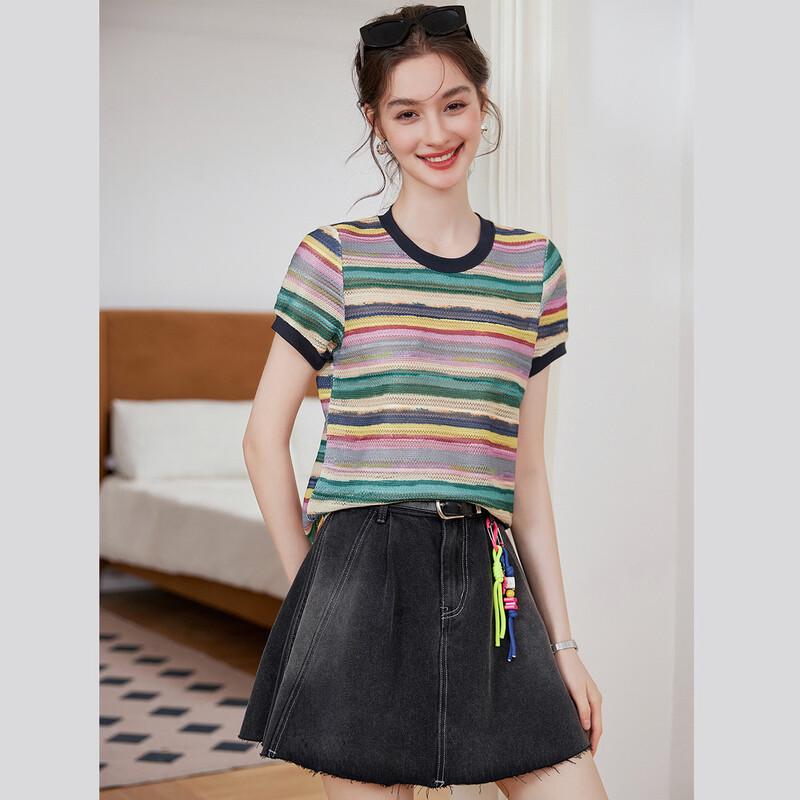 Bailuyu Striped Knitted Short Sleeve Round Neck Women s T-Shirt L