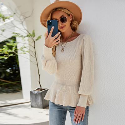 Mulheres Outono Inverno Cor Sólida Malha Puff Manga Redonda Gola Babados Bainha Pulôver Suéter