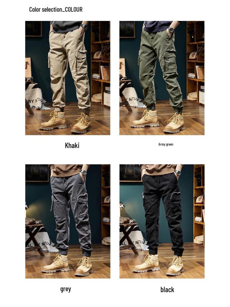 Men's American Retro Zipper Multi-Pocket Versatile Cuff Cargo Pants 7608