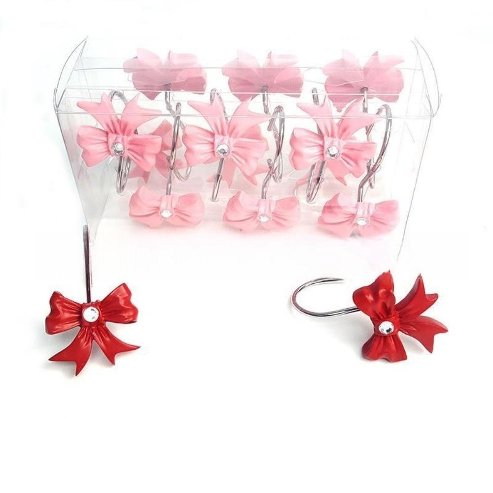 12PCS Set Art Decors Durable Pink Bathroom Decor Resin Lightweight Pink Bow Knot Hooks Bow Knot Design Shower Rings Party