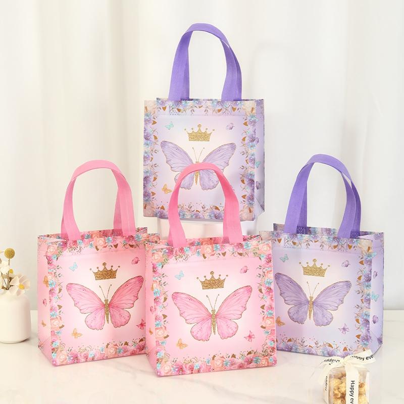 4pcs Butterfly Gifts Packaging Bag Butterfly Theme Kids Birthday Party Decoration Baby Shower Nonwoven Fabric Favors Candy Bags