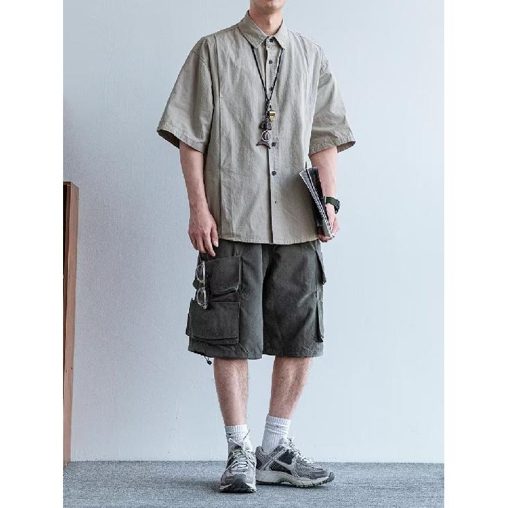 Hong Kong Style Retro Short Sleeved Shirt Men's Summer Japanese Loose Workwear Casual Five Quarter Sleeved Top Jacket