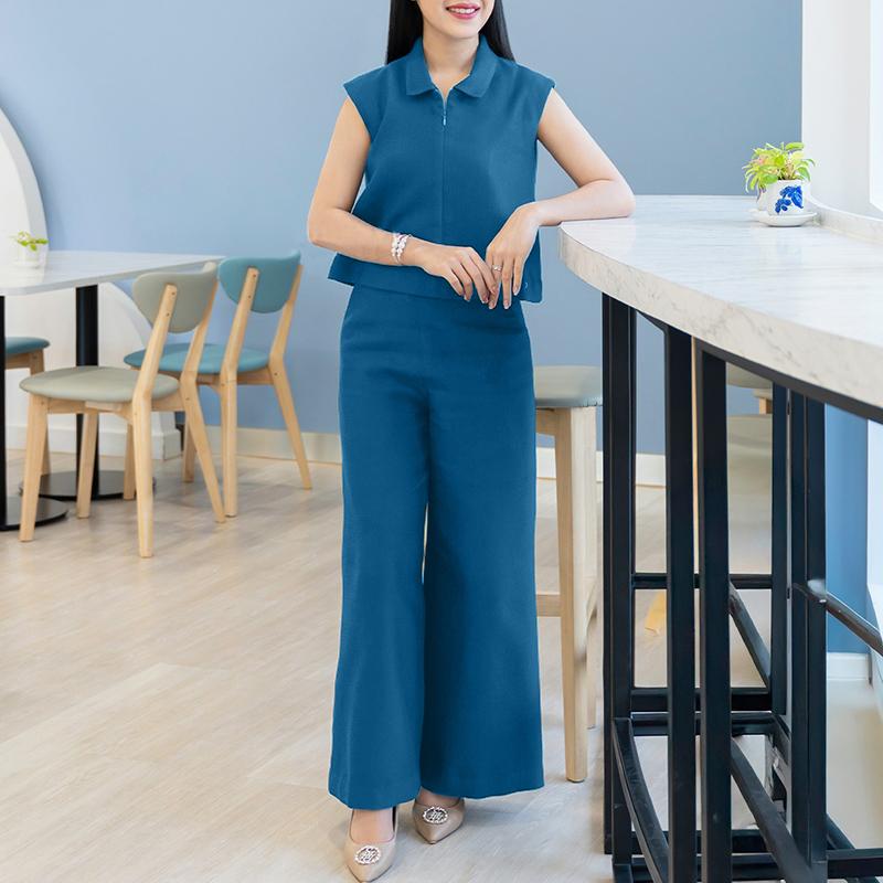 

ZANZEA Жіночий повсякденний костюм-блузка без рукавів та штани з двох частин S синій