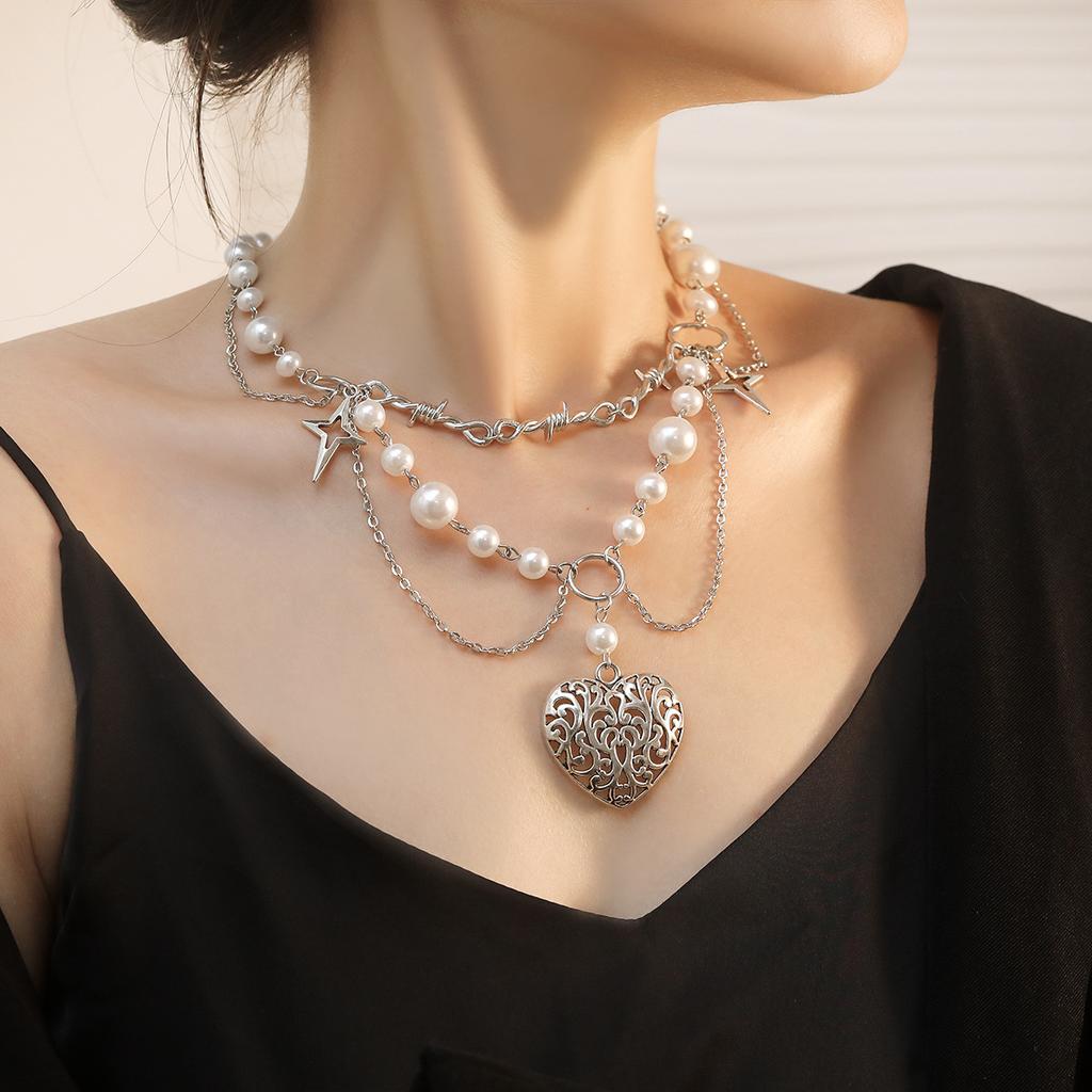 Multilayer Star Love Heart Pendant Necklace Women Imitation Pearl Chain Bridal Neck Jewelry Accessories