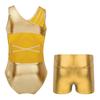 Kinder-Mädchen-Gymnastik-Trikot, athletisch, ärmellos, glänzend, metallisch, Ballett-Tanz-Trikot mit Shorts-Set