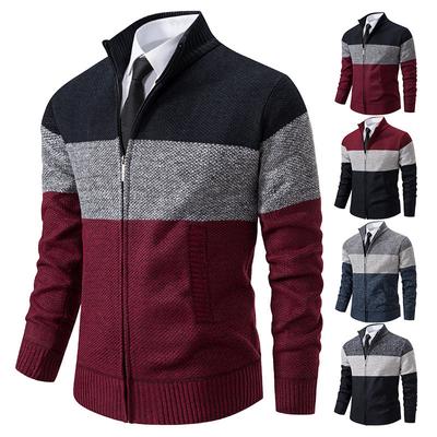Autumn and Winter Fleece Thickened Sweater Knitted Sweater Stand-up Neck Cardigan Men's Color Matching Outer Wear Wool Jacket