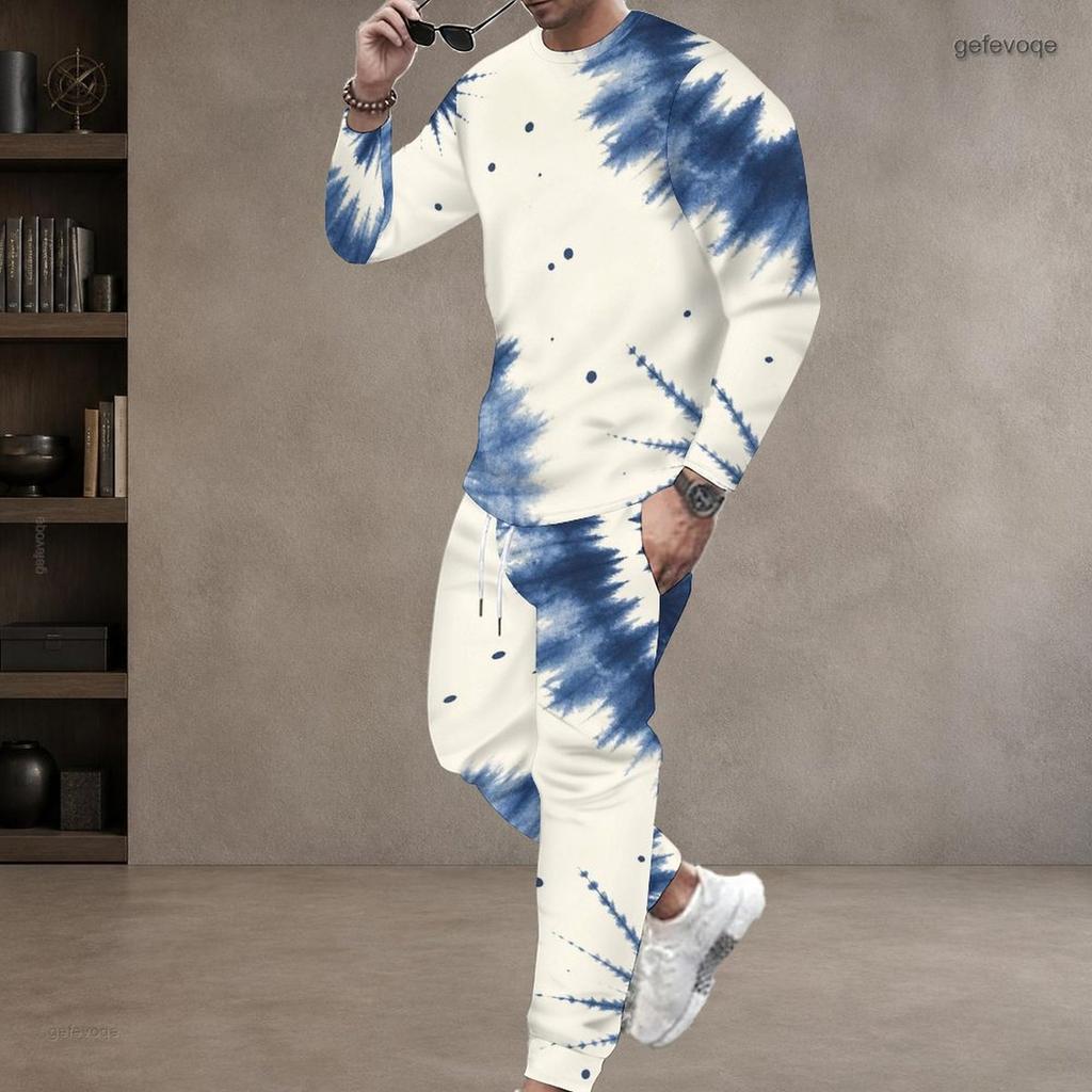 Men S Plus Size Blue Beige White Printed Two Piece Set Round Neck Long Sleeve Top Cuffed Pants