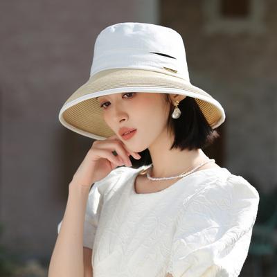 Spring and Autumn Trendy Hat Women's Versatile Straw Brim Bucket Hat Sun Protection Sun Hat Summer Cotton and Linen Sun Hat