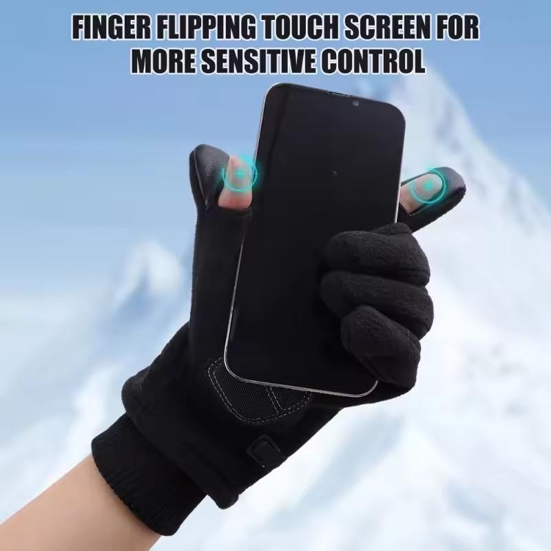 Solid Color Fleece Winter Warm Gloves for Unisex Two Finger Touch Screen Anti Slip Outdoor Motorcycle Riding Wrist Tightening