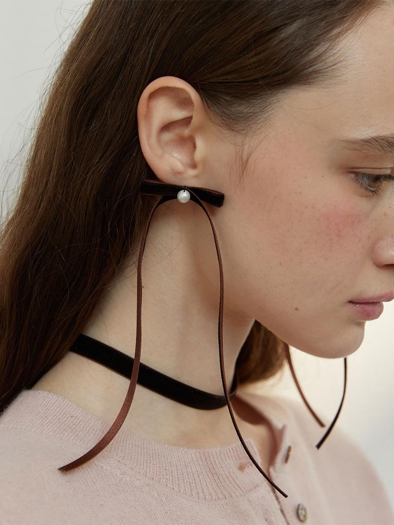 Love Me Monster Brown Velvet Ribbon Earrings (L244Mer050)