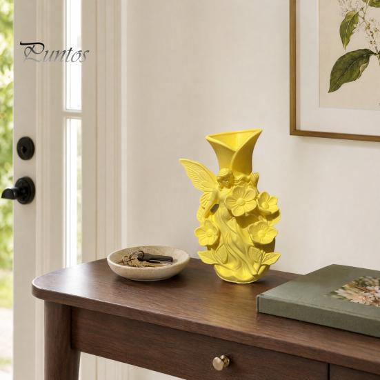 Forest Style Decor 3D Printed Fairy Garden Sculpture Vase, Fantasy Flower Pot with Bright Yellow Vase Statue, Dual-Use Holder for Desktop Entryway