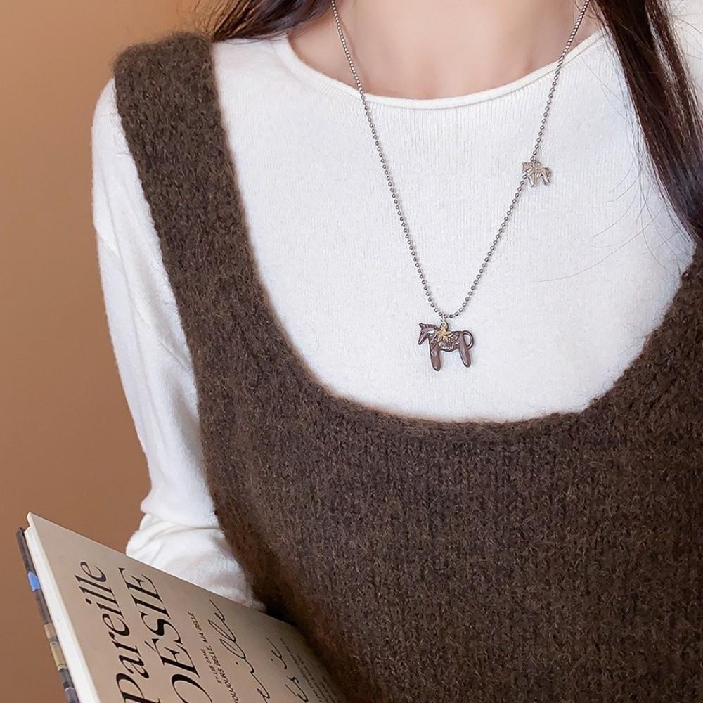 Korean Style Animal Pendant Necklaces Silver Plated Beads Chain Sweater Chain Horse Necklace Women
