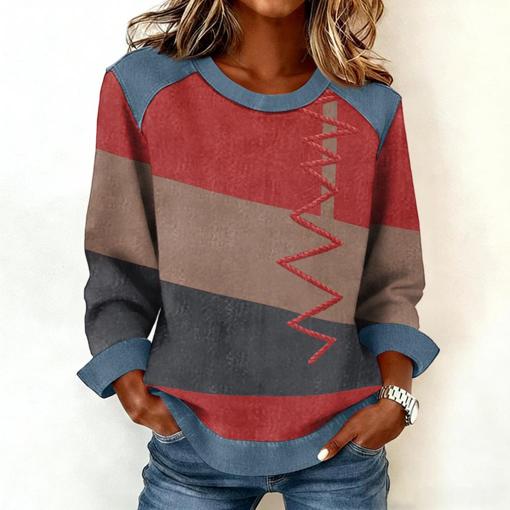 Damen Jeanskragen Patchwork Nähte Sweatshirt Lässig Pullover Langarmshirts
