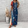 Women Plus Size V Neck Short Sleeve Star Printed Red Blue Straight Long Dress