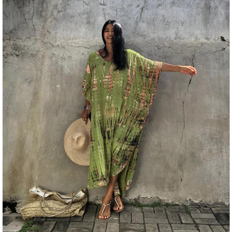 Women's Tie Dye Beach Cover Up Loose Flowy Long Dress, Open Front Swimwear Kaftan Robe 0991 CLE