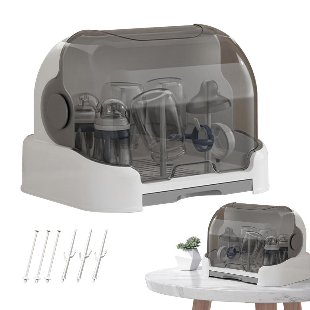 Baby bottle drying rack with lid & removable drain tray dustproof baby bottle storage rack comes with 6 drain supports supplies