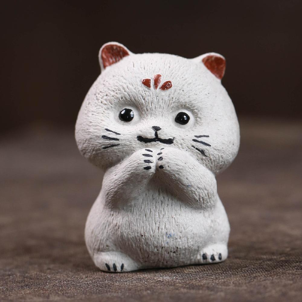 Yixing Zisha Ingot Cute Fortune Cat Tea Pet Vintage Fish Tank Landscaping Tea Figurine Play Toys Tea Statue Ornaments Supplies