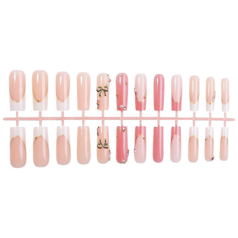 24pcs Cat Eye French Style Super Long Rhinestone-Inlaid Wearable Nail Tips with Bow Design