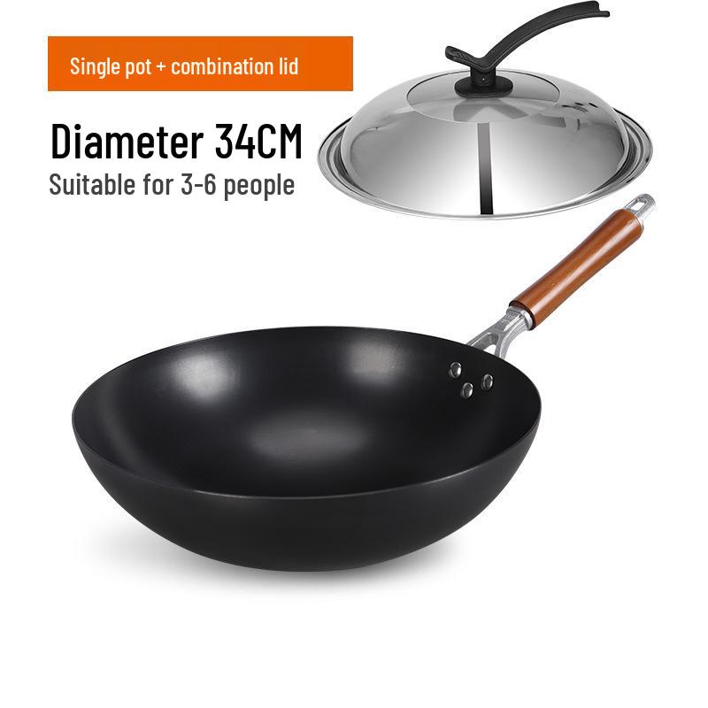 Old-Fashioned Non-Coated Cast Iron Wok, Round Bottom, Non-Slip, Non-Stick, Gas Stove Compatible, Nitrided Fine Iron.