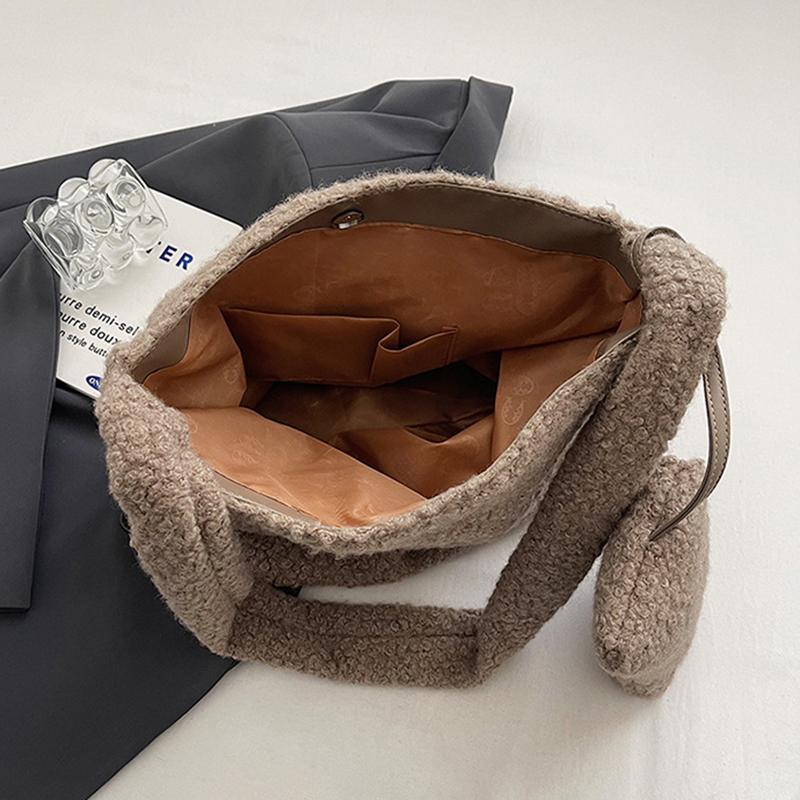 Women's Solid Color Imitation Sherpa Warm Plush Shoulder Bag with Inner Pocket Vintage Crossbody Handbag for Work & Travel KTY