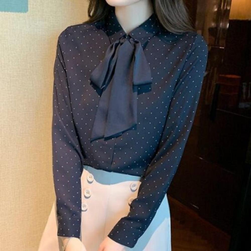 Navava Long Sleeve Shirt With Vintage Dot Ribbon Neck Collar Nb2517