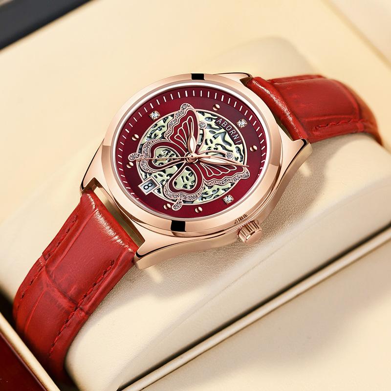 Damen Quarz Uhr Modisch Leuchtend Skelettiert Verträumt Schmetterling Wasserdicht Diamantbesetzt Kalenderuhr Weihnachtsgeschenk Uhr