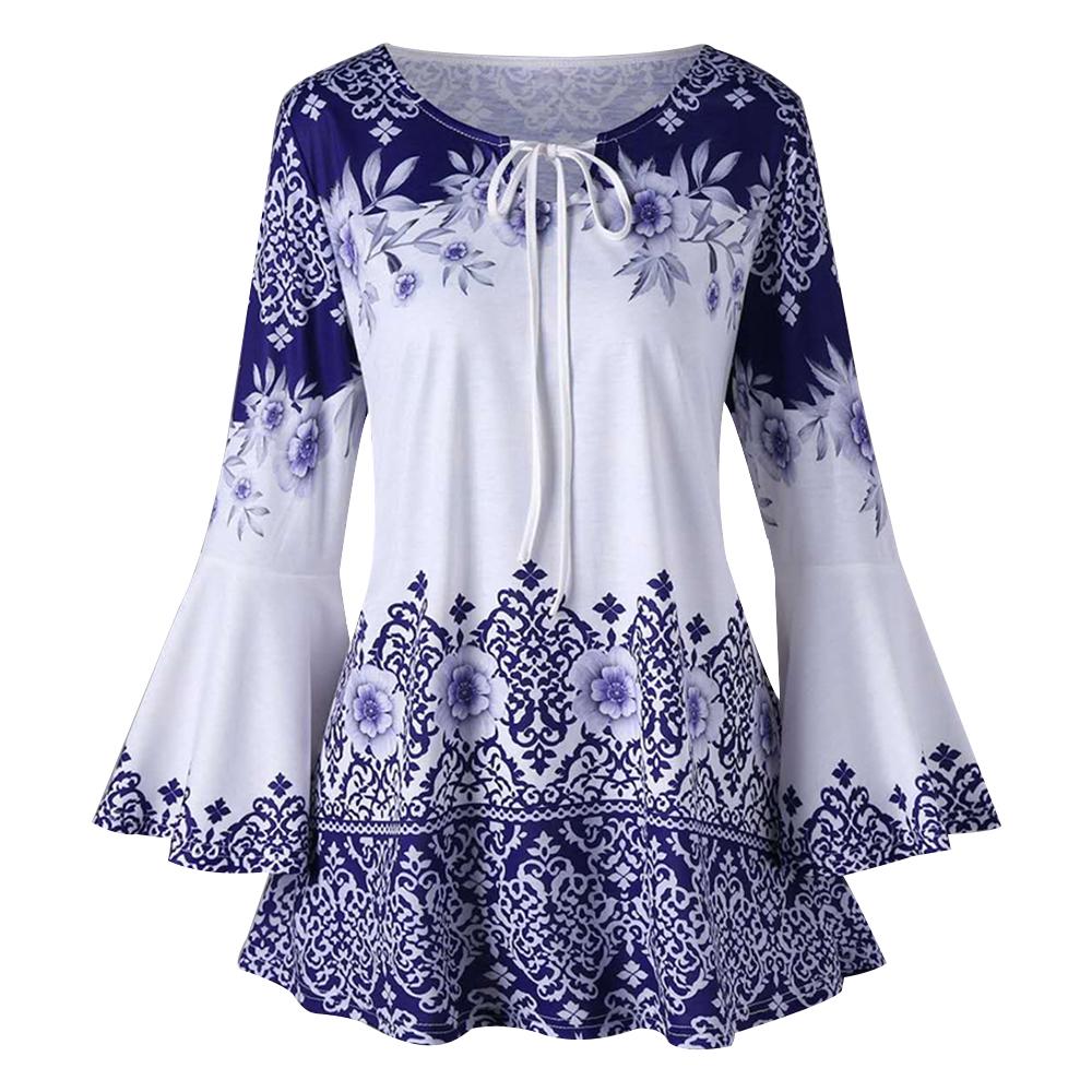 Buy Women Fashion Plus Size Long Bell Sleeve Shirts Round Neck