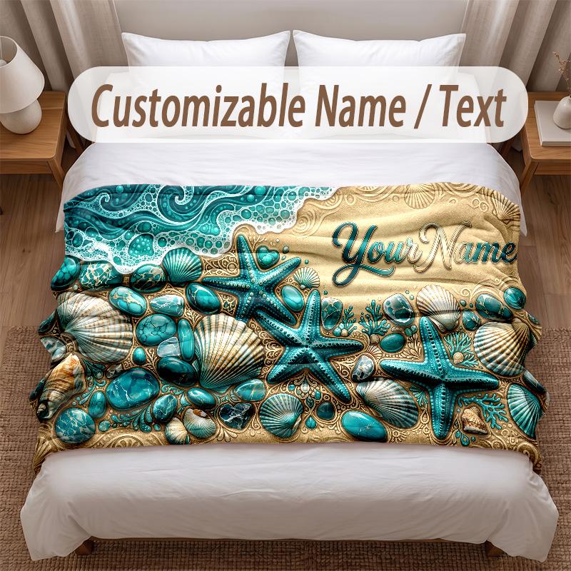 Fish Ocean Theme Soft Blanket Personalized Custom Name Text Print Warm Blanket Home Sofa Bedroom Decor