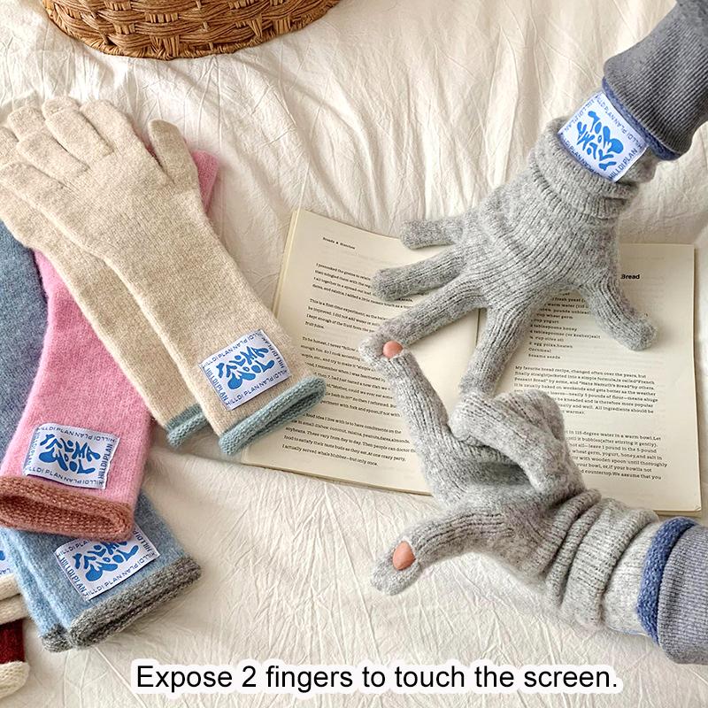 Winter Contains Wool Playful Touchscreen Design Gift Thickened Warmth Colorblock Comfortable Long Gloves Versatile Multi-Color