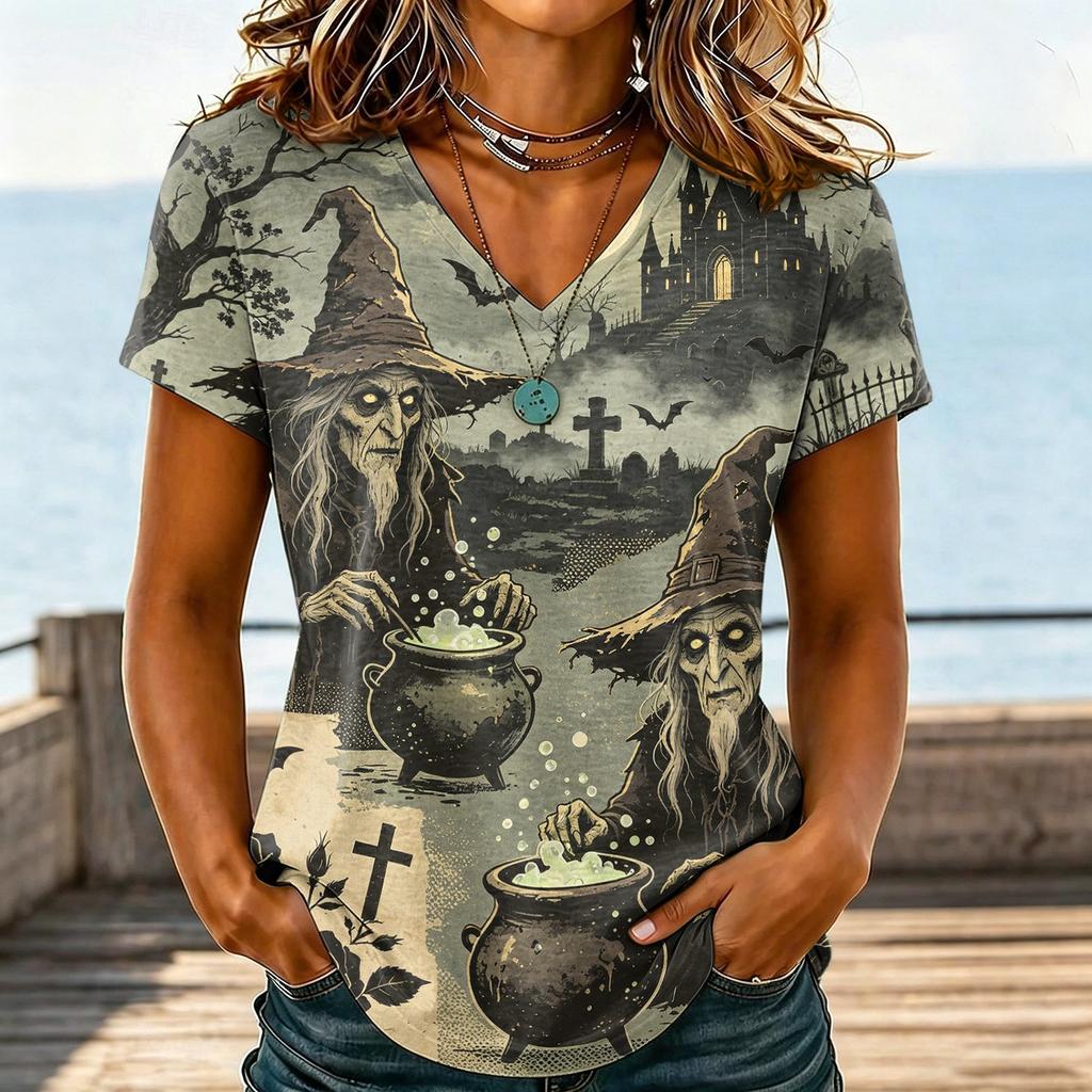 Women's Casual V-Neck T-Shirt with Halloween Print