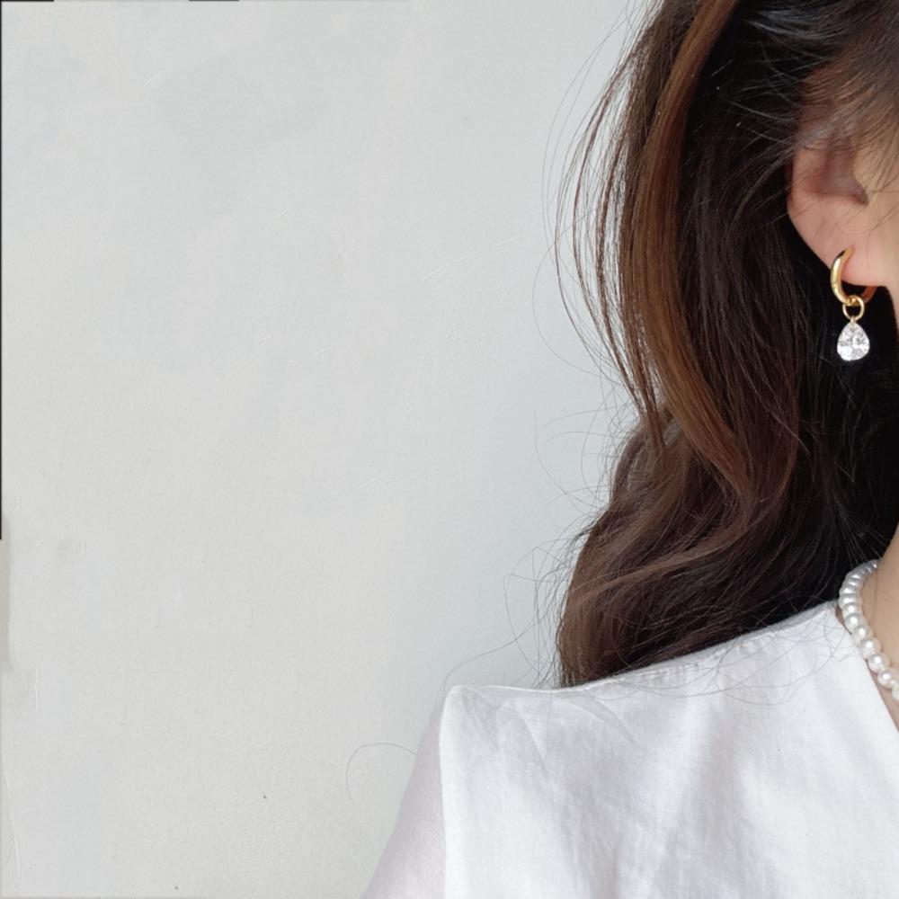 Hip-hop Personality Shiny Teardrop-shaped Zircon Pendant Gold Color Stainless Steel Hoop Earrings for Women Fashion Jewelry Gift