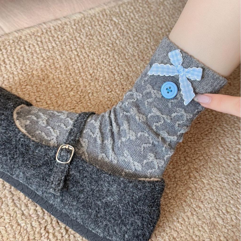 Ladies Autumn Winter Thickened Warm Cute Bow Cartoon Dog Wool Drum Pile Socks