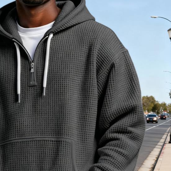 Sudadera para Hombre con Capucha de Tejido Waffle Color Sólido Jersey con Cremallera 1/4 y Bolsillo Delantero Otoño Invierno Casual Corte Holgado Tops Deportivos