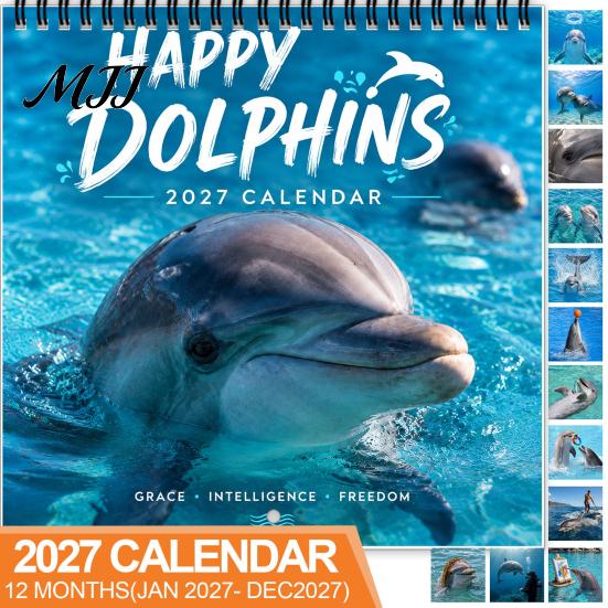 Twelve Month Agenda Happy Dolphins 2027 Wall Calendar, Cute Ocean Animal 12 Daily To-do Notes Planner, Funny Dolphin Photography Hanging Calendar for