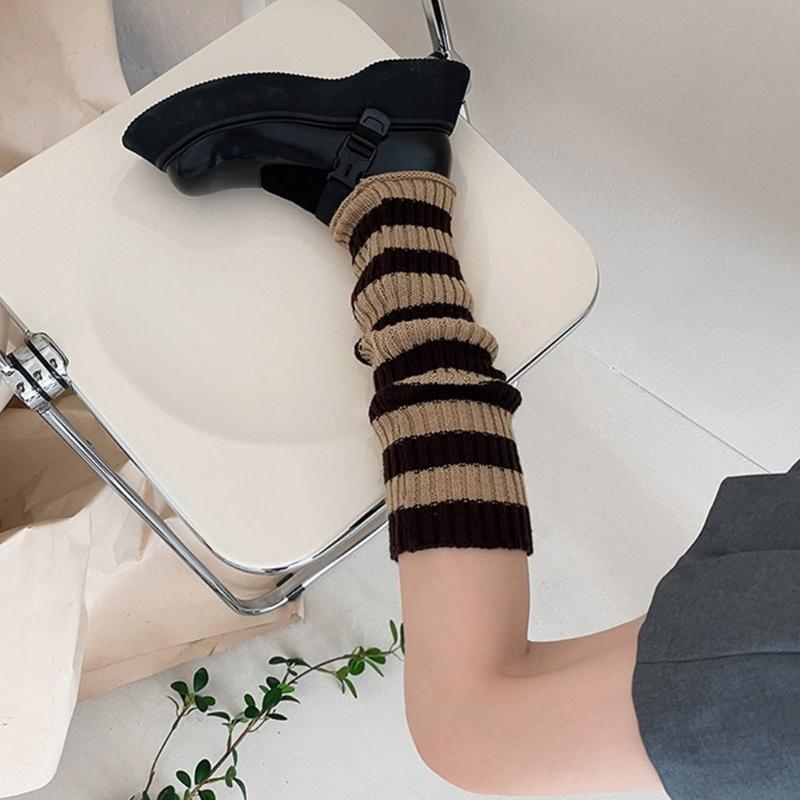 Winter Autumn Ribbed Knitted Leg Warmers Student Contrast Color Striped Foot Covers Middle Tube Calf Socks for Women