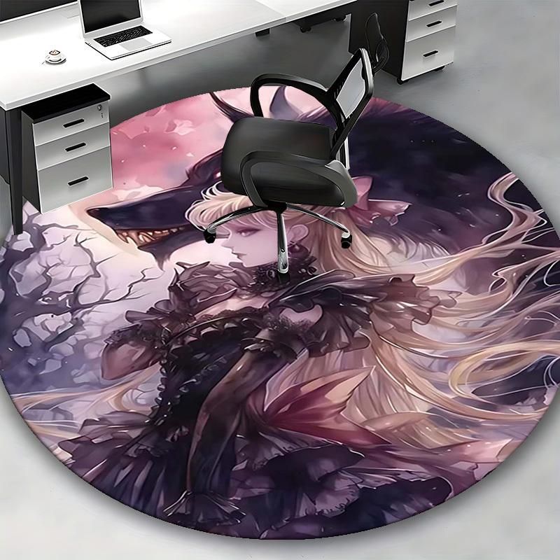 1pz Tappeto Rotondo Design Anime Tappetino Sotto Sedia da Ufficio con Stampa Lupo Fantasy e Principessa, Decorazione Casa, Universale per Tutte le Stagioni